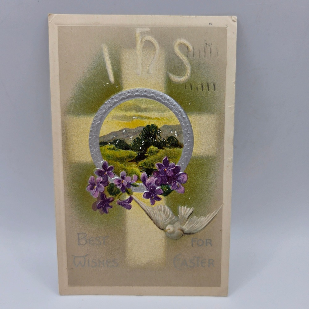 Vintage 1909 Easter Postcard Davidson‎ Bros Violets Dove IHS Cross 2194